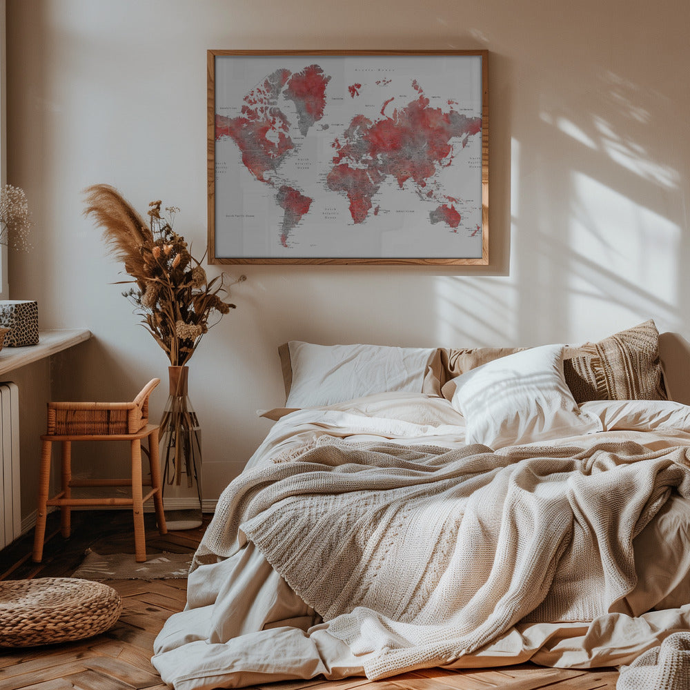 Red world map with cities, Lyssah Poster