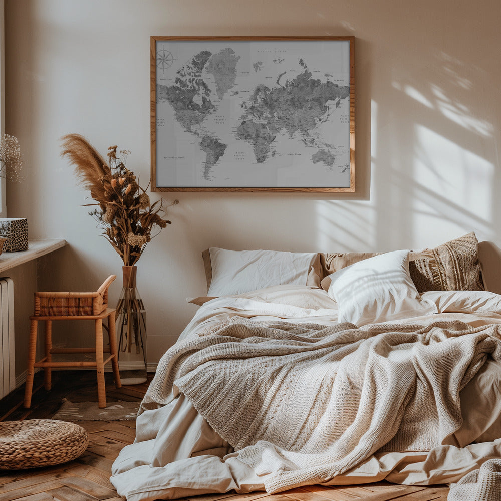 Grayscale watercolor world map with cities, Rylan Poster