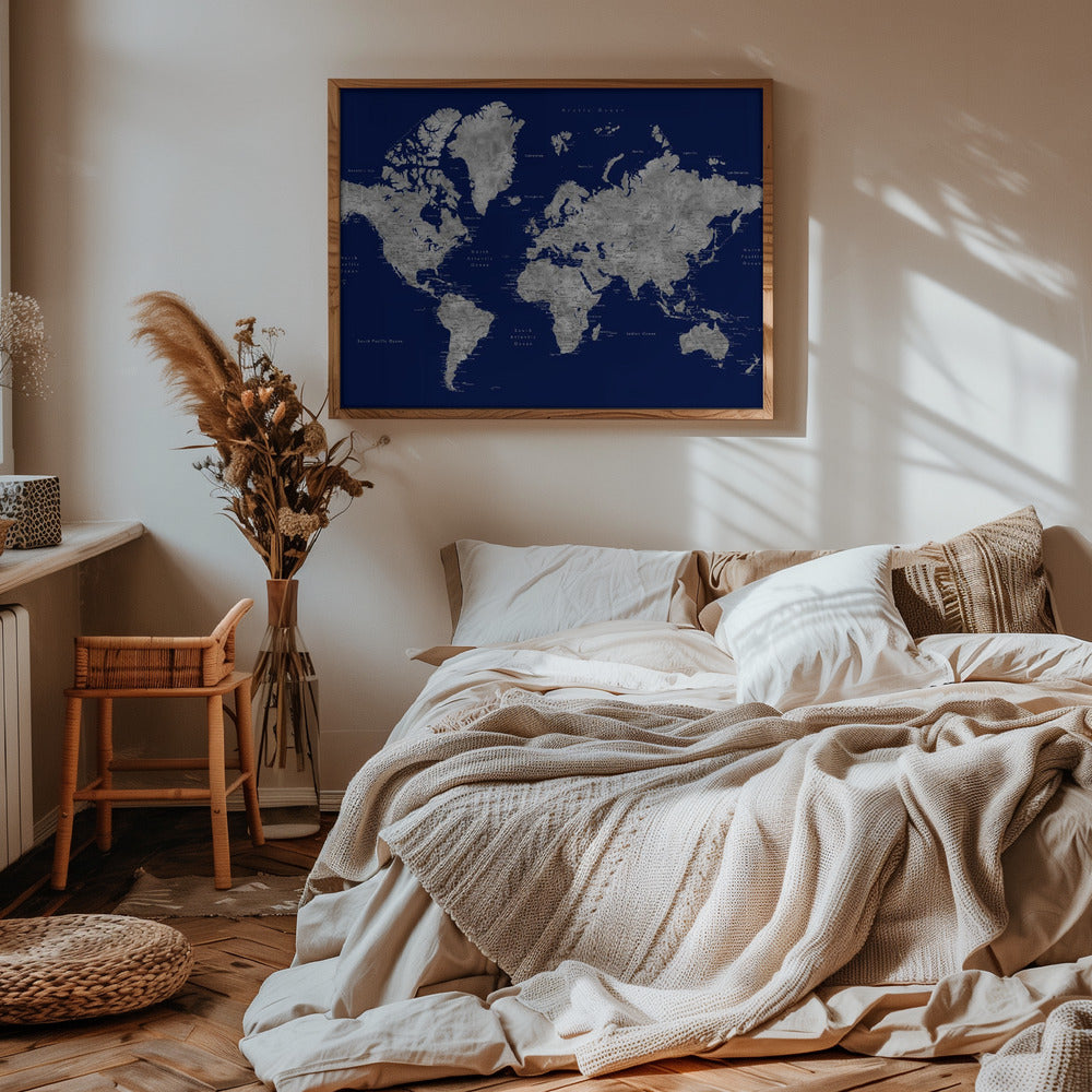 Watercolor world map with cities, Kawena Poster