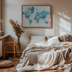 Watercolor world map with cities, Uzziel Poster