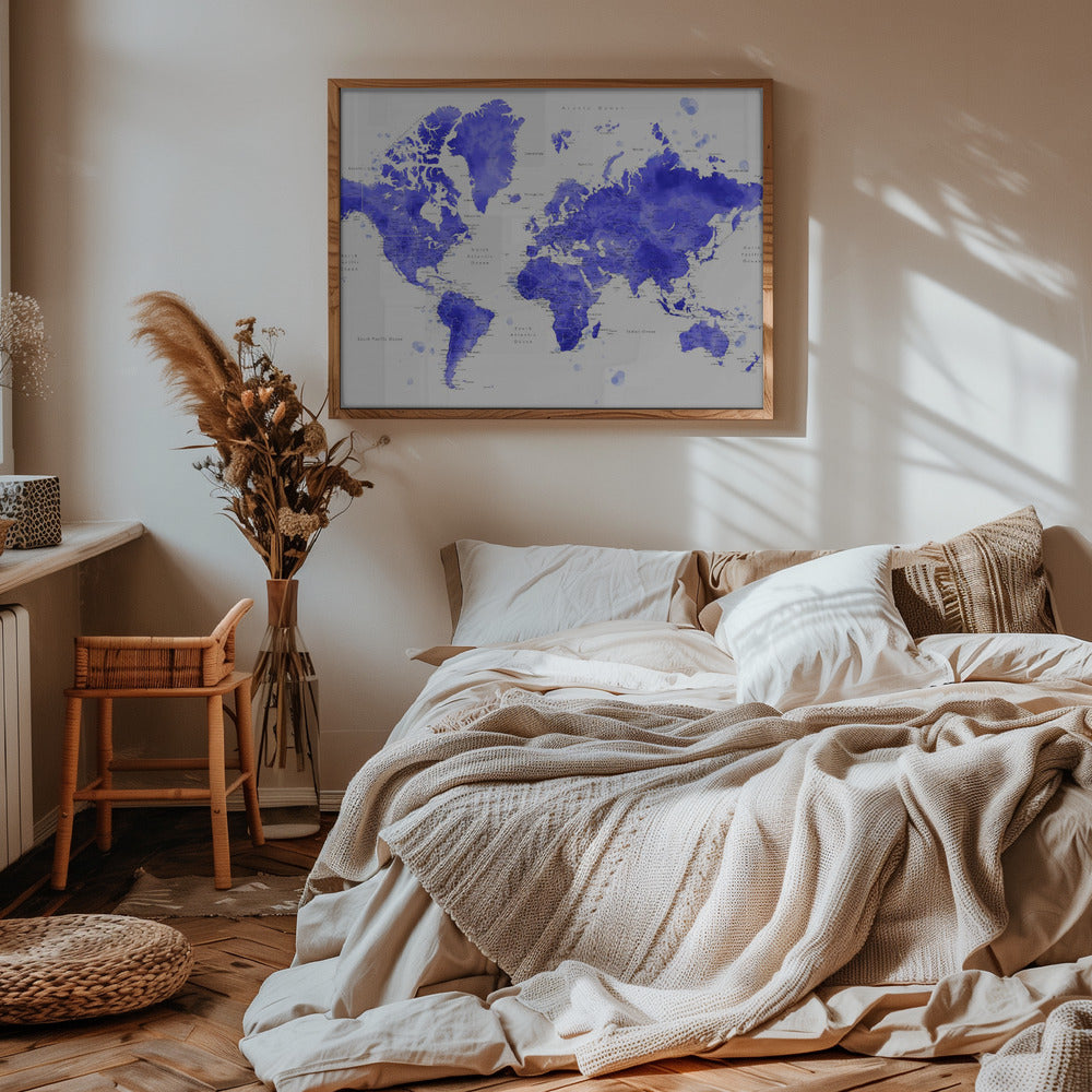 Watercolor world map with cities, Uyen Poster