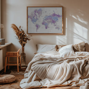 Watercolor world map with cities, Gina Poster