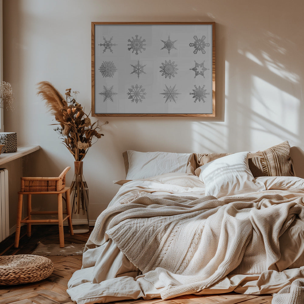 Twelve geometric snowflakes in gray Poster