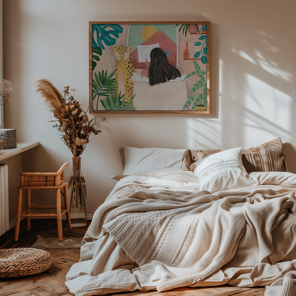 Woman taking bath in pink tropical bathroom Poster