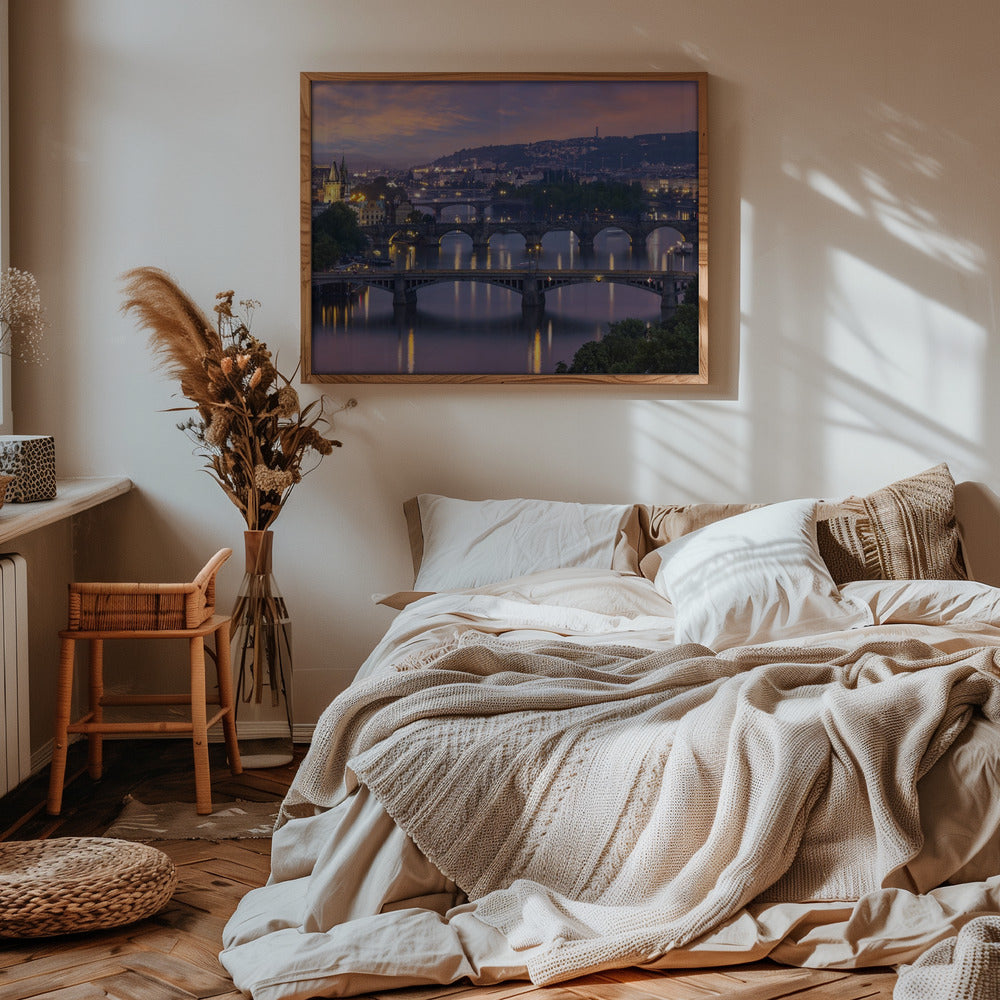 Evening view over the Vltava bridges in Prague Poster