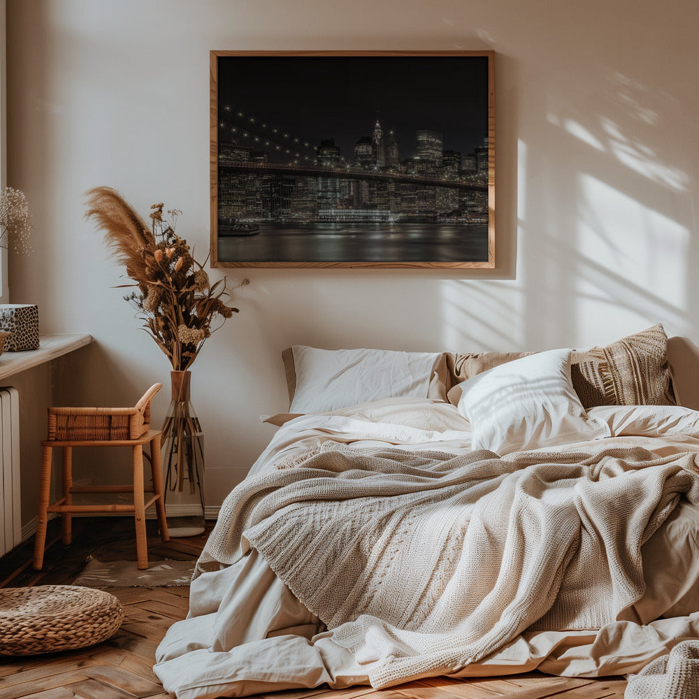 MANHATTAN SKYLINE &amp; BROOKLYN BRIDGE Idyllic Nightscape Poster