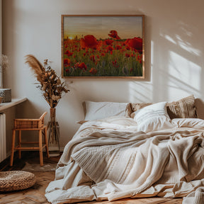 Setting sun in field of poppies | Panoramic Poster