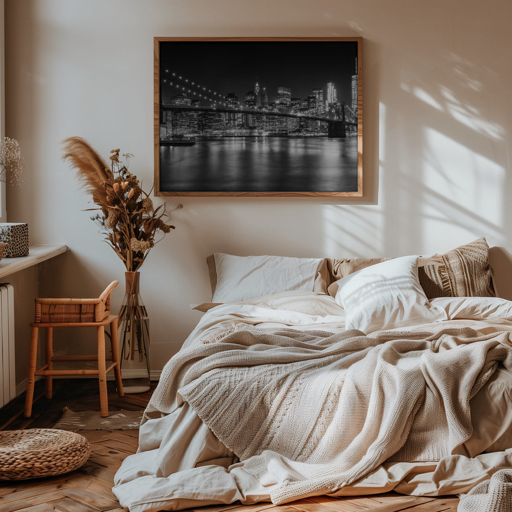 MANHATTAN SKYLINE &amp; BROOKLYN BRIDGE Idyllic Nightscape - Monochrome Panoramic Poster