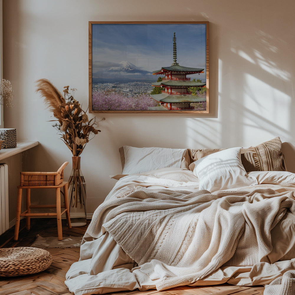 Magnificent view of Mount Fuji with Chureito Pagoda during cherry blossom season Poster