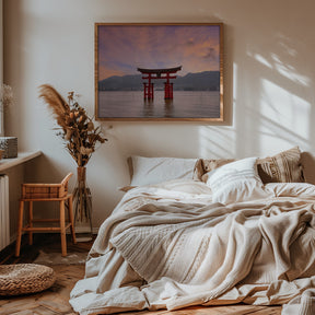 Vermilion Torii of Itsukushima Shrine on Miyajima at sunset Poster