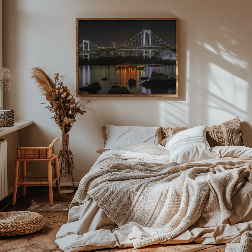 Charming Rainbow Bridge with Tokyo Skyline in the evening - Panorama Poster