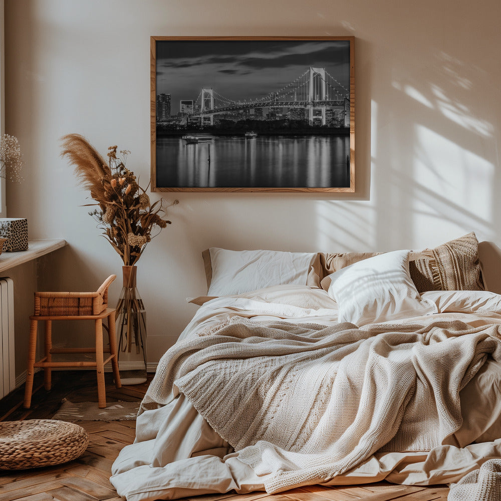 Gorgeous Rainbow Bridge and Tokyo Skyline at sunset - monochrome panorama Poster