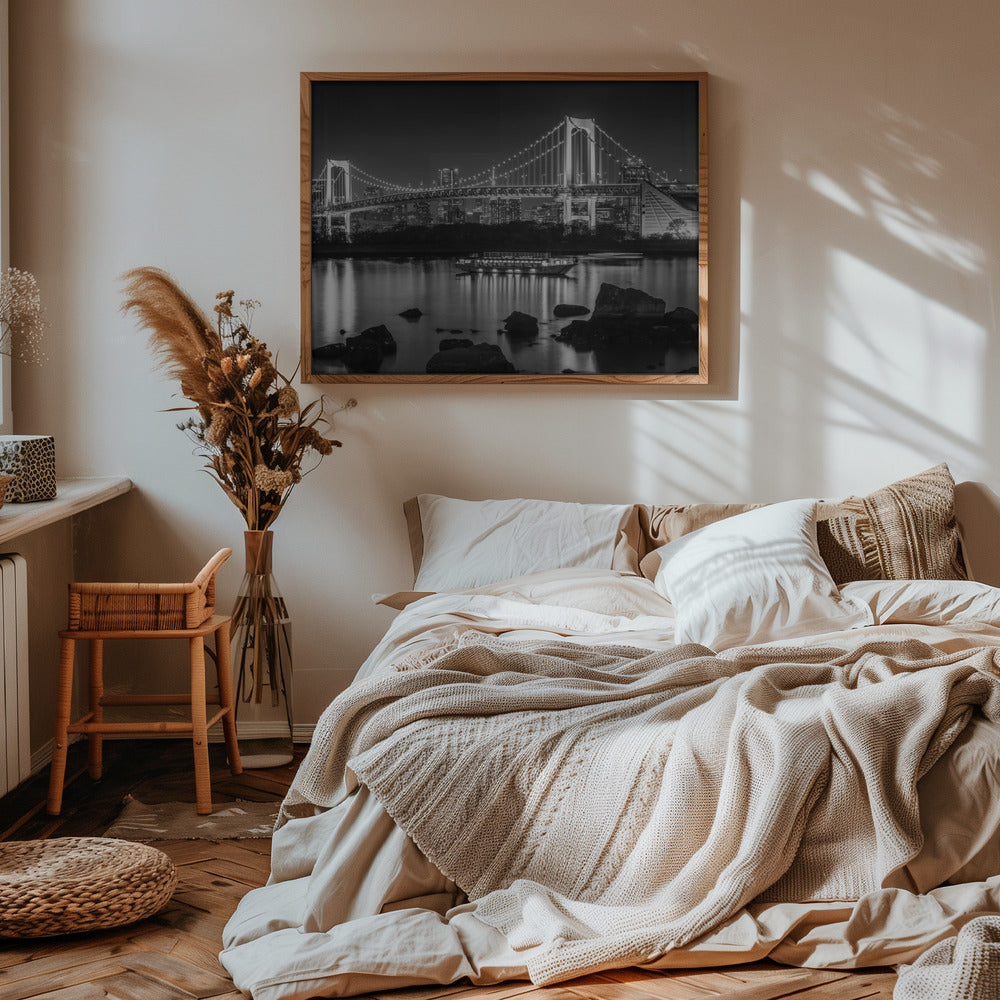 Striking Rainbow Bridge with Tokyo Skyline in the evening - monochrome panorama Poster