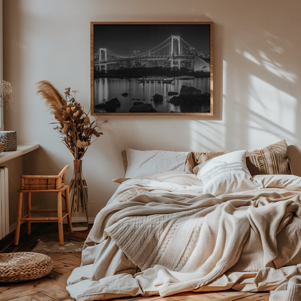 Charming Rainbow Bridge with Tokyo Skyline in the evening - monochrome panorama Poster