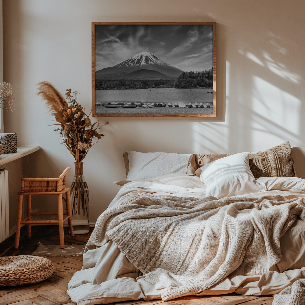 Idyllic Lake Shoji with majestic Mount Fuji - monochrome Poster