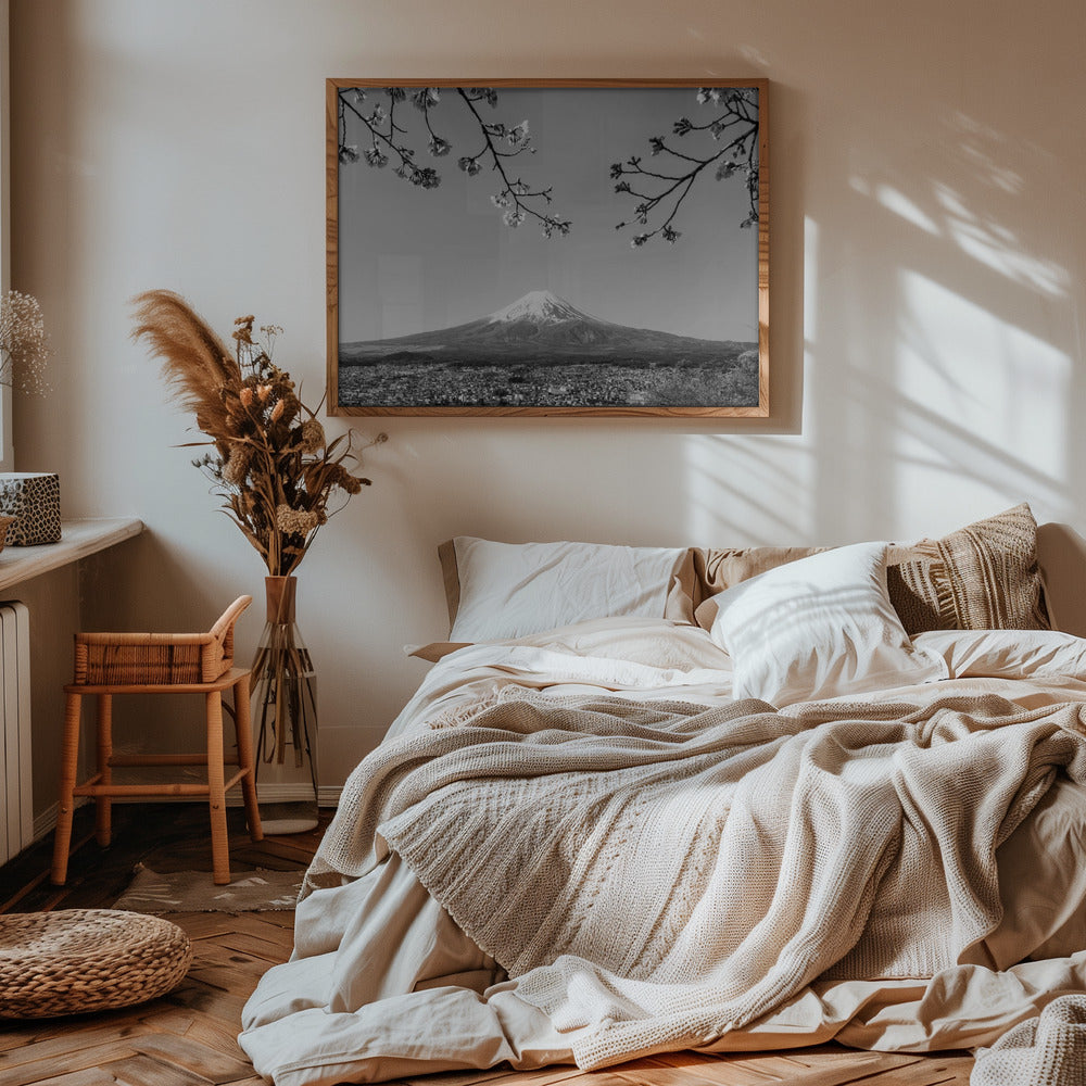 Fantastic panoramic view of Mount Fuji with cherry blossoms - monochrome Poster