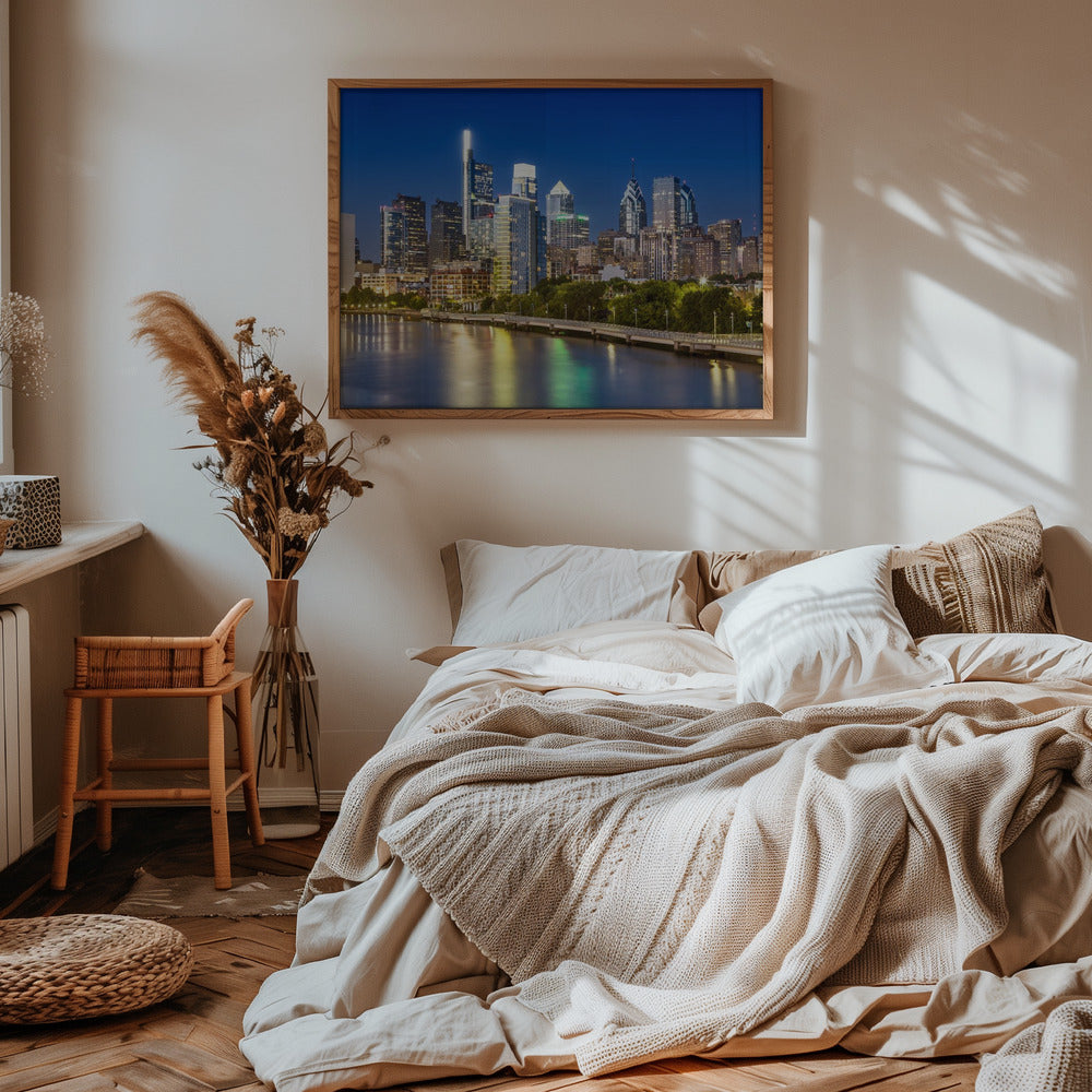 View of downtown Philadelphia from the South Street Bridge in the evening Poster