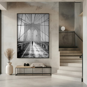 New York Walker in Blizzard - Brooklyn Bridge Poster