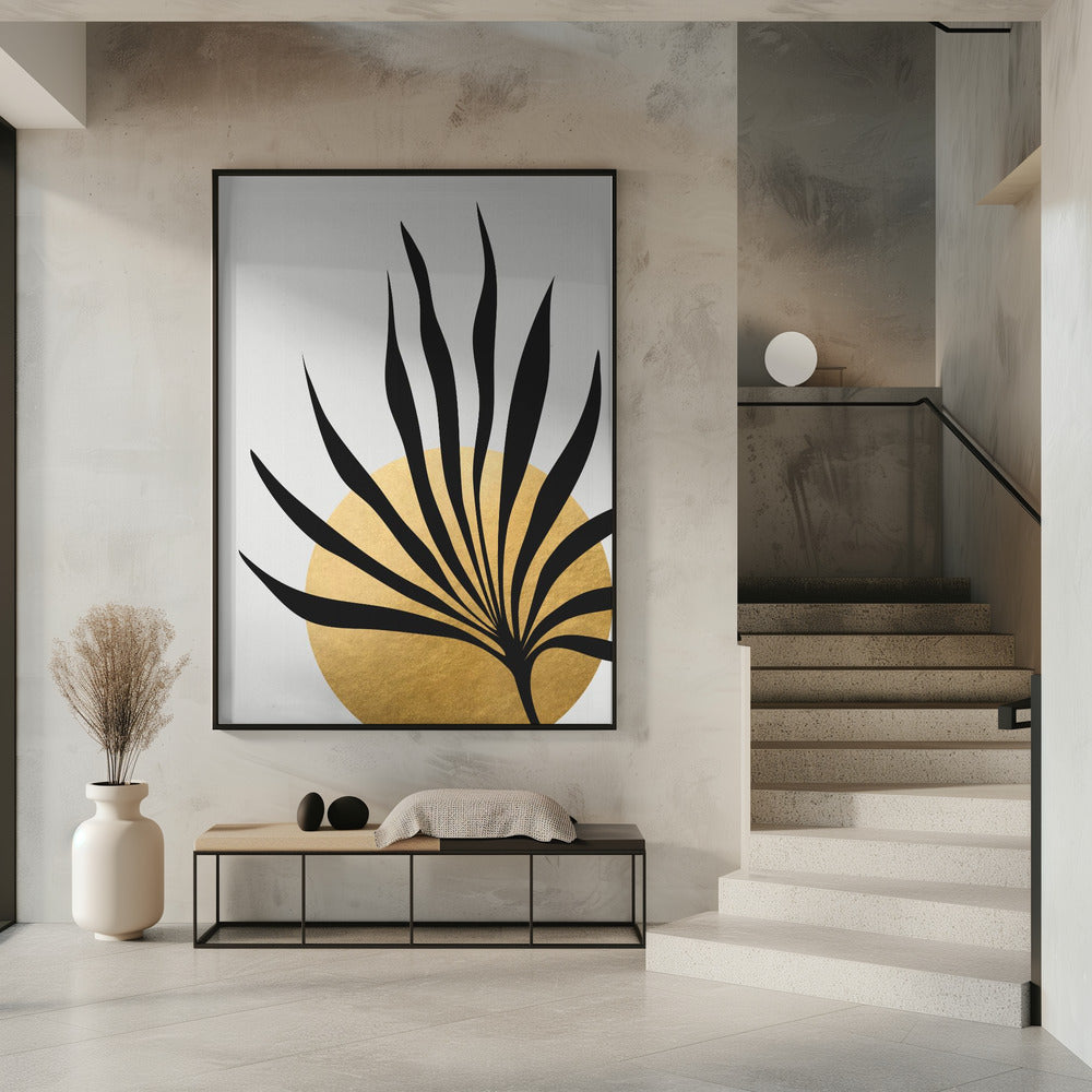 Tropical sun and palm leaf Poster