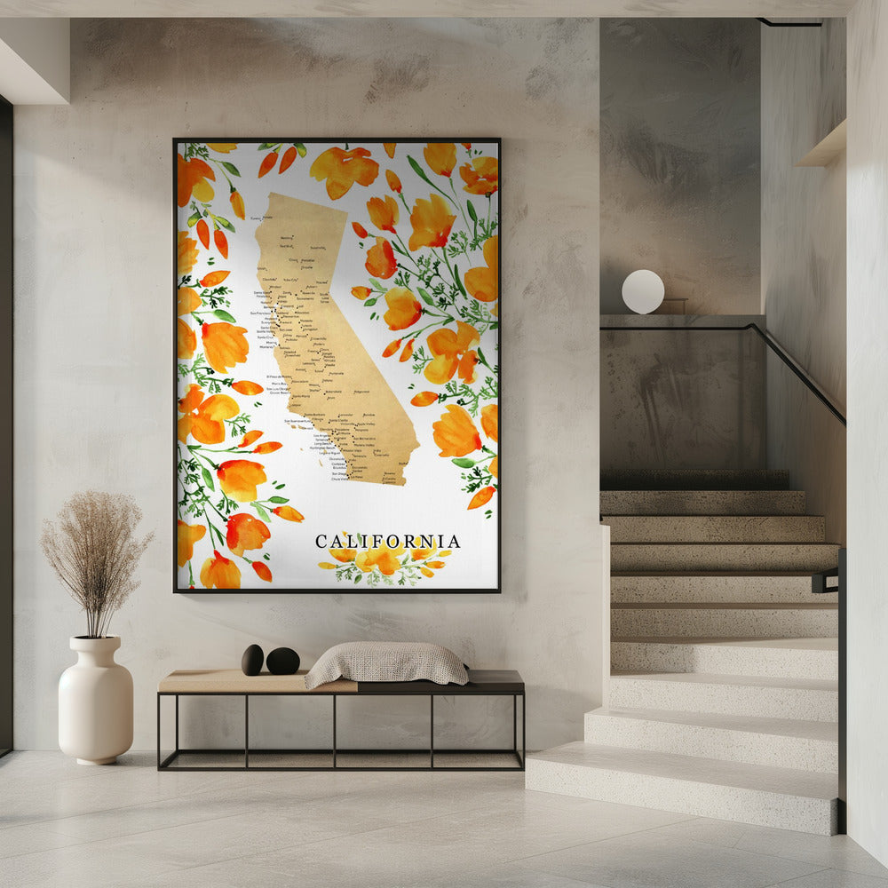 California map with watercolor poppies Poster