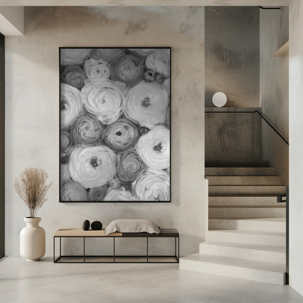 Scattered ranunculus grayscale II Poster