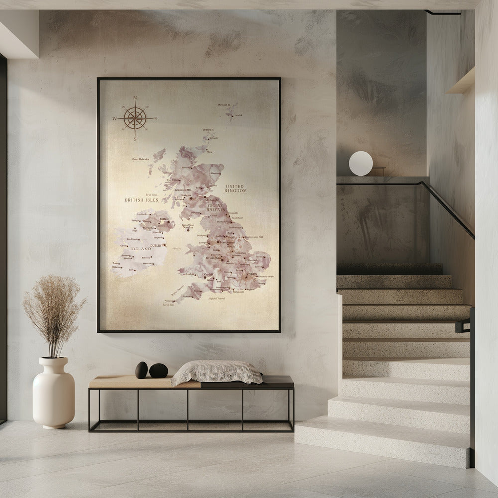 Sepia map of the United Kingdom Poster