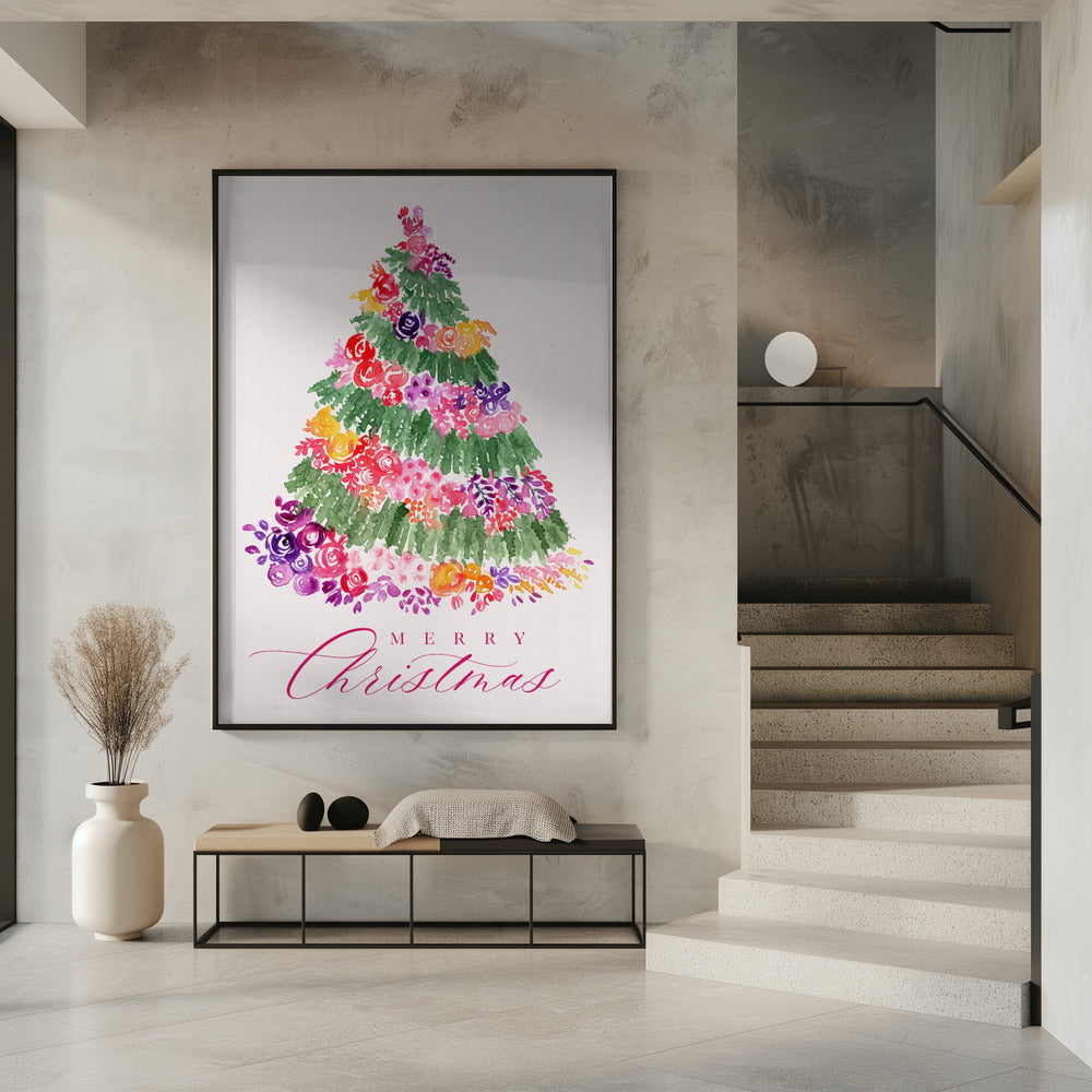 Floral watercolor merry Christmas tree Poster