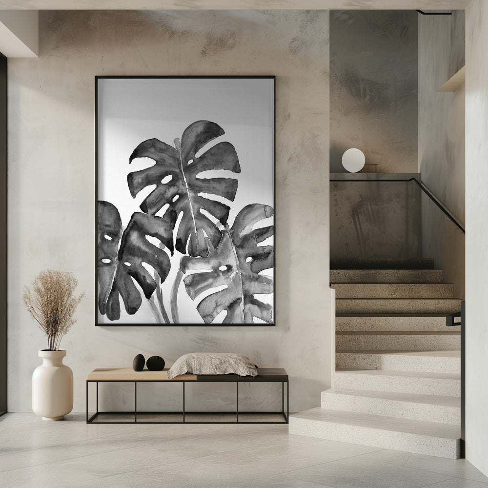 Monstera Leaves In Loose Watercolor Black and White Poster