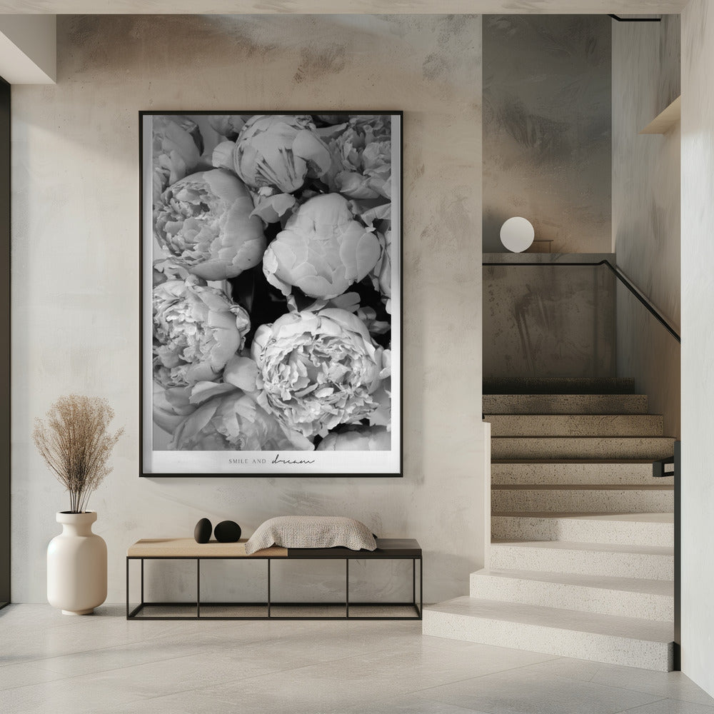 Smile and dream peonies BW Poster