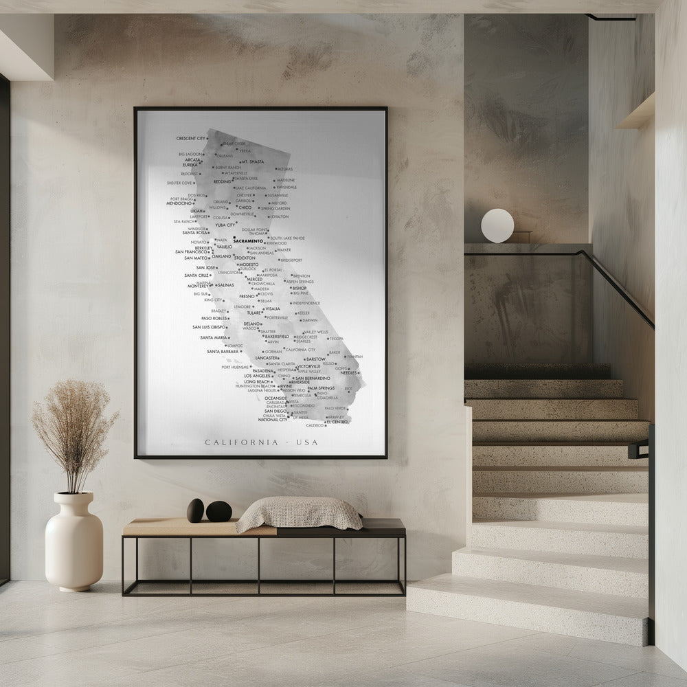 Grayscale watercolor map of California with cities Poster