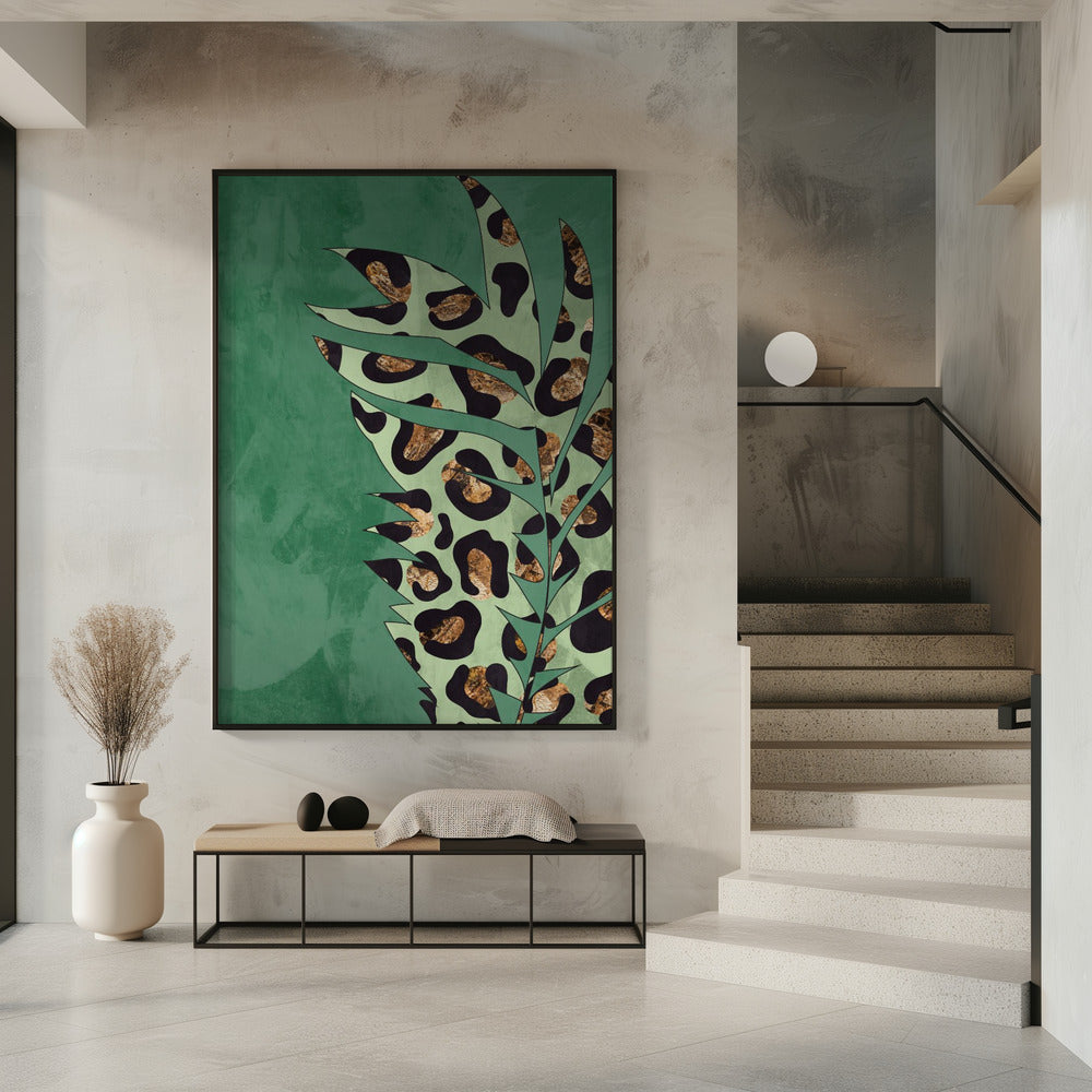 Green leopard print palm leaf Poster