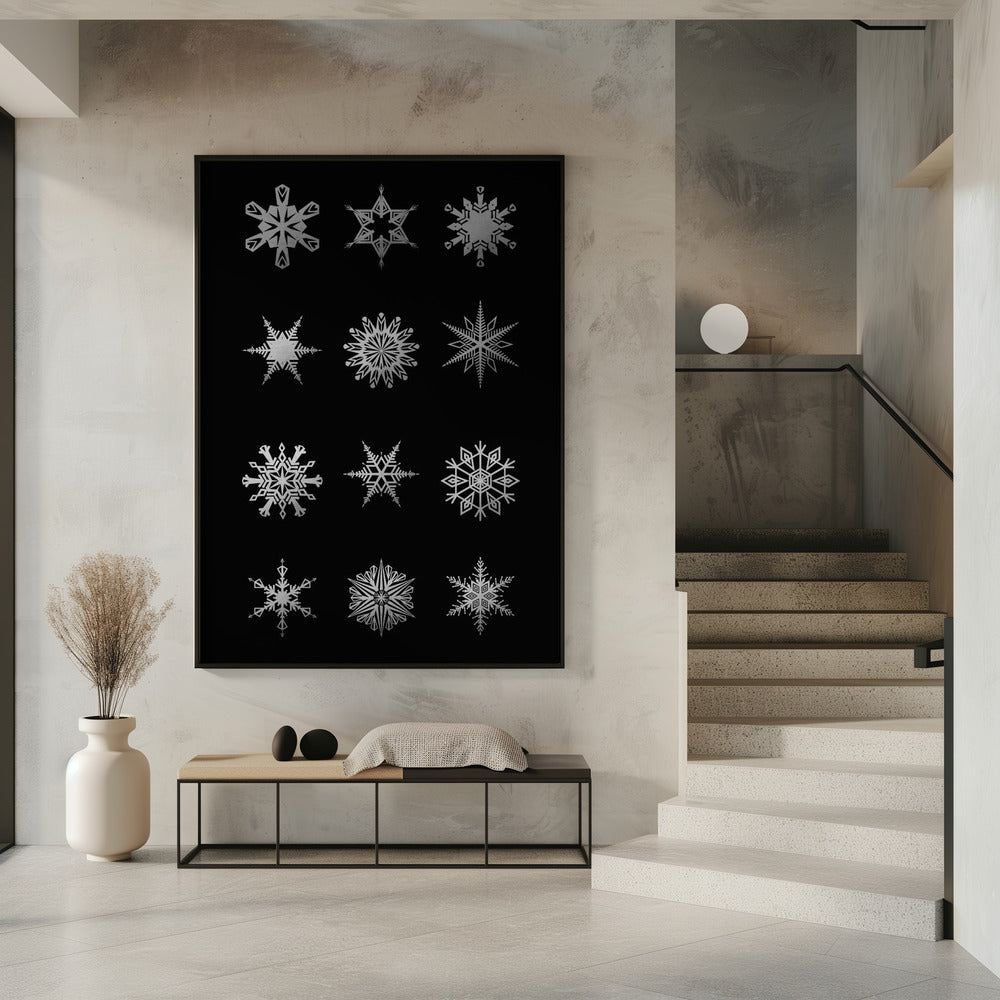 Twelve geometric snowflakes in black Poster