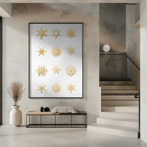 Twelve geometric snowflakes in gold Poster