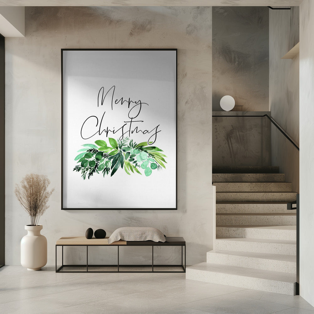 Watercolor greenery Merry Christmas Poster