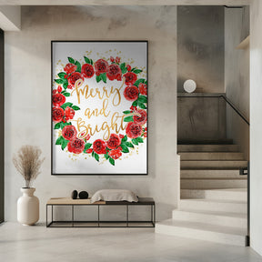 Merry and bright wreath of red English roses Poster