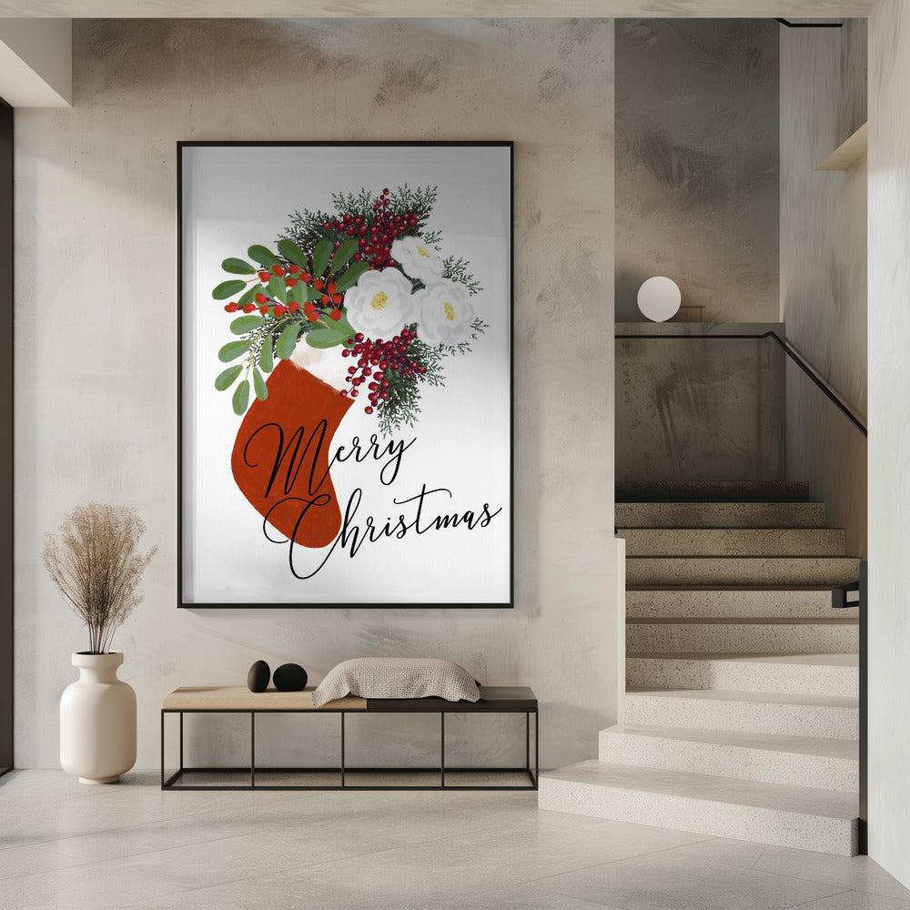 Floral Stocking Merry Christmas in white Poster