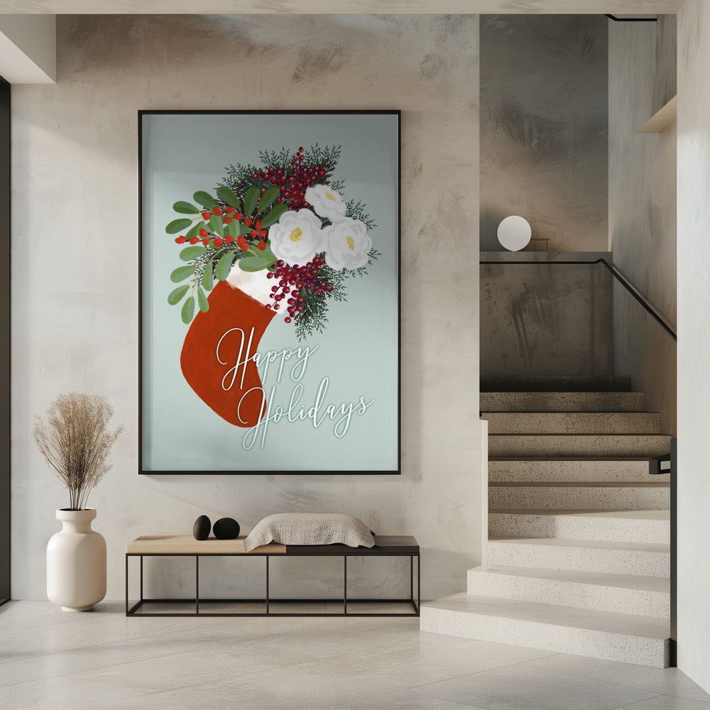 Floral Stocking Happy holidays Poster