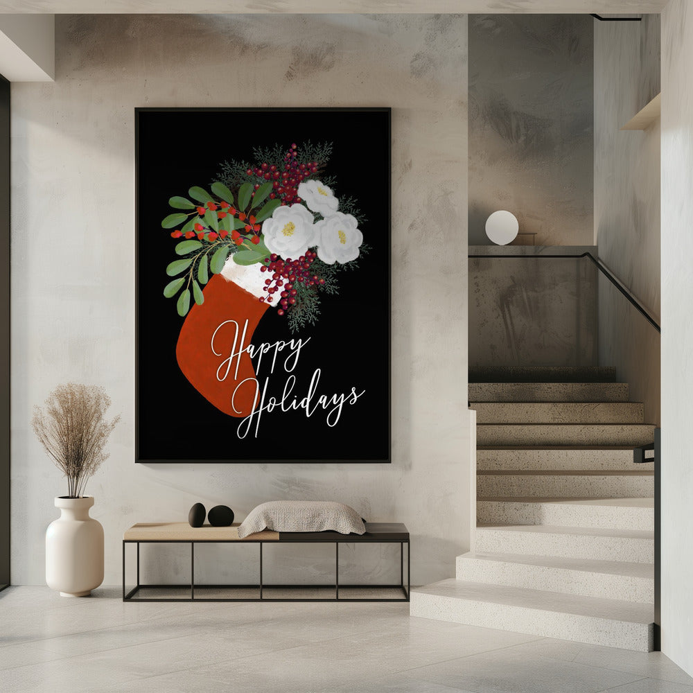 Floral Stocking Happy holidays in black Poster