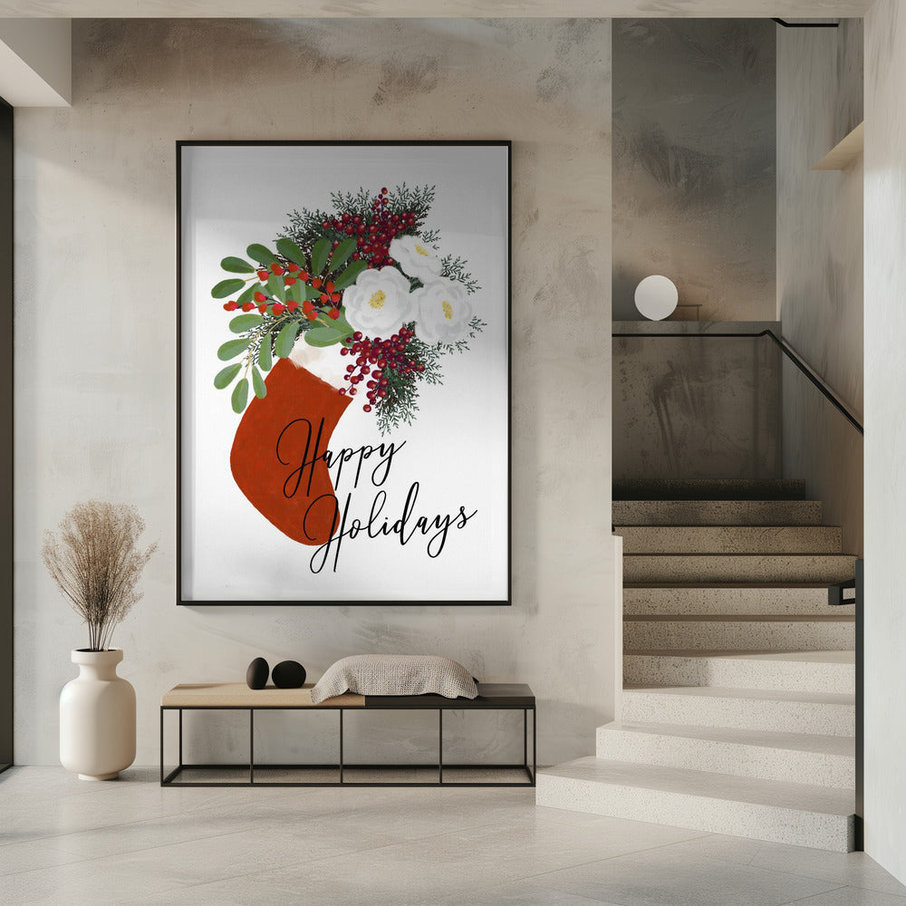 Floral Stocking Happy holidays in white Poster