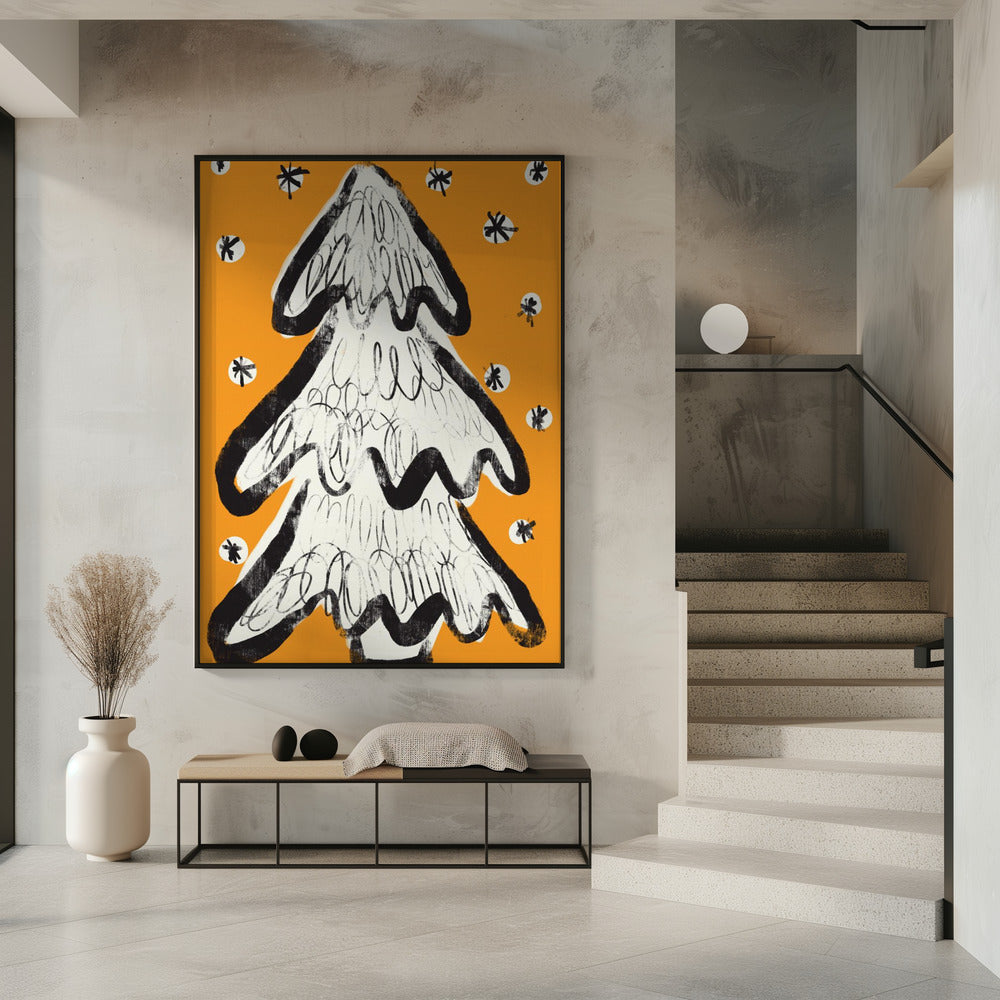 Christmas Tree And Snow Yellow Poster