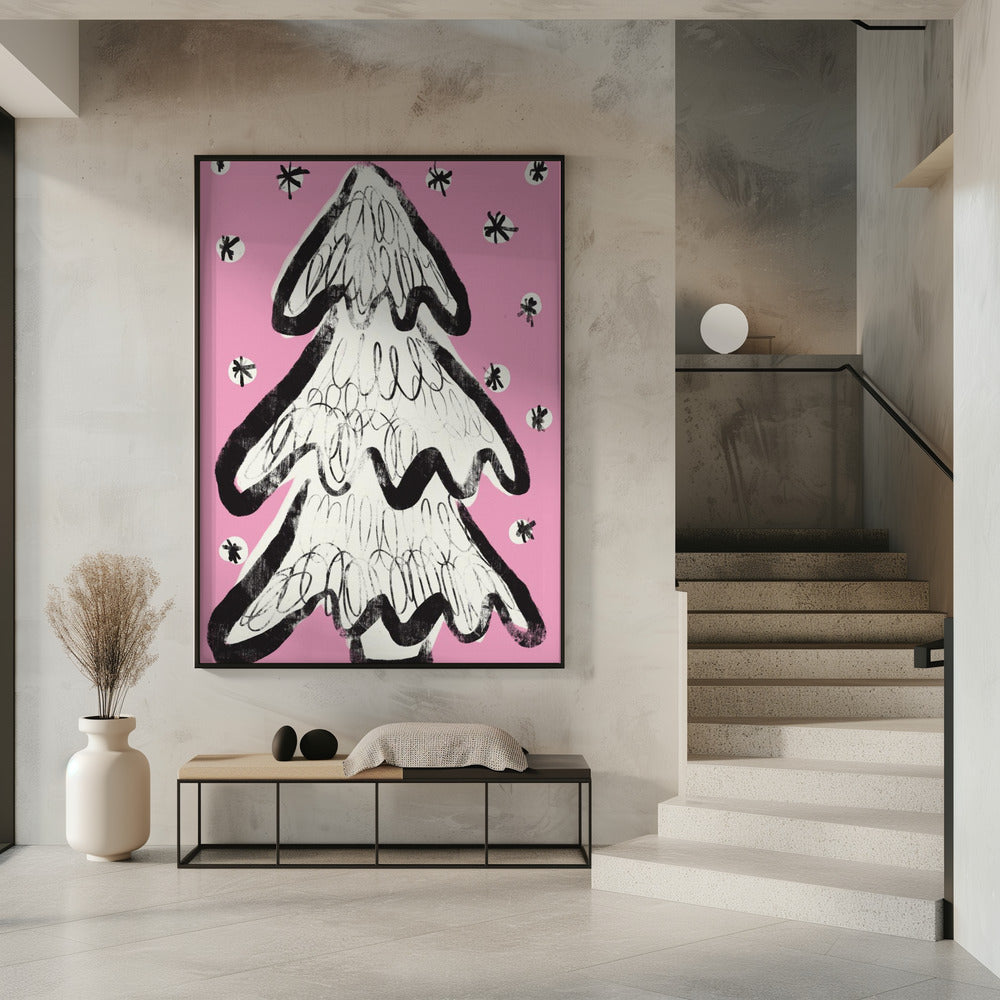 Christmas Tree And Snow Pink Poster