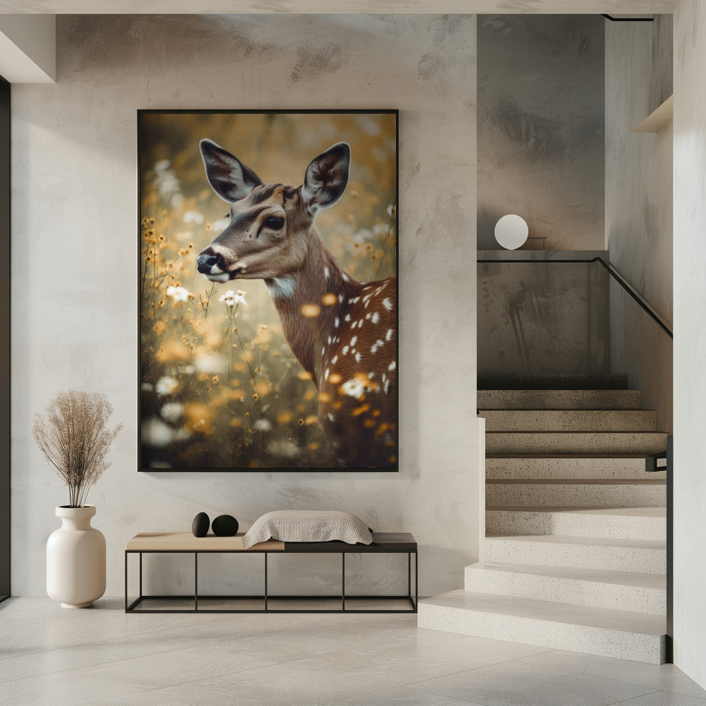 Deer In Flower Field Poster