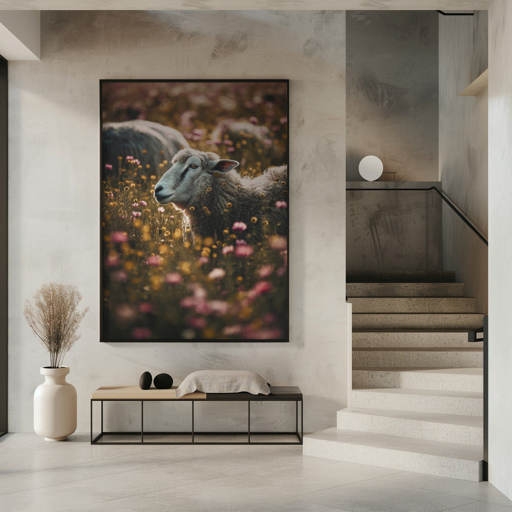 Sheeps In Flower Field Poster