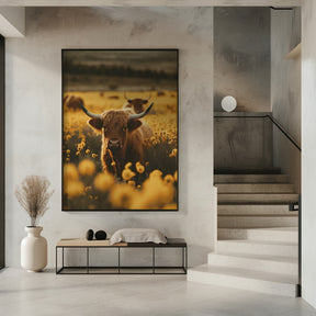 Highland Cows In Flower Field Poster