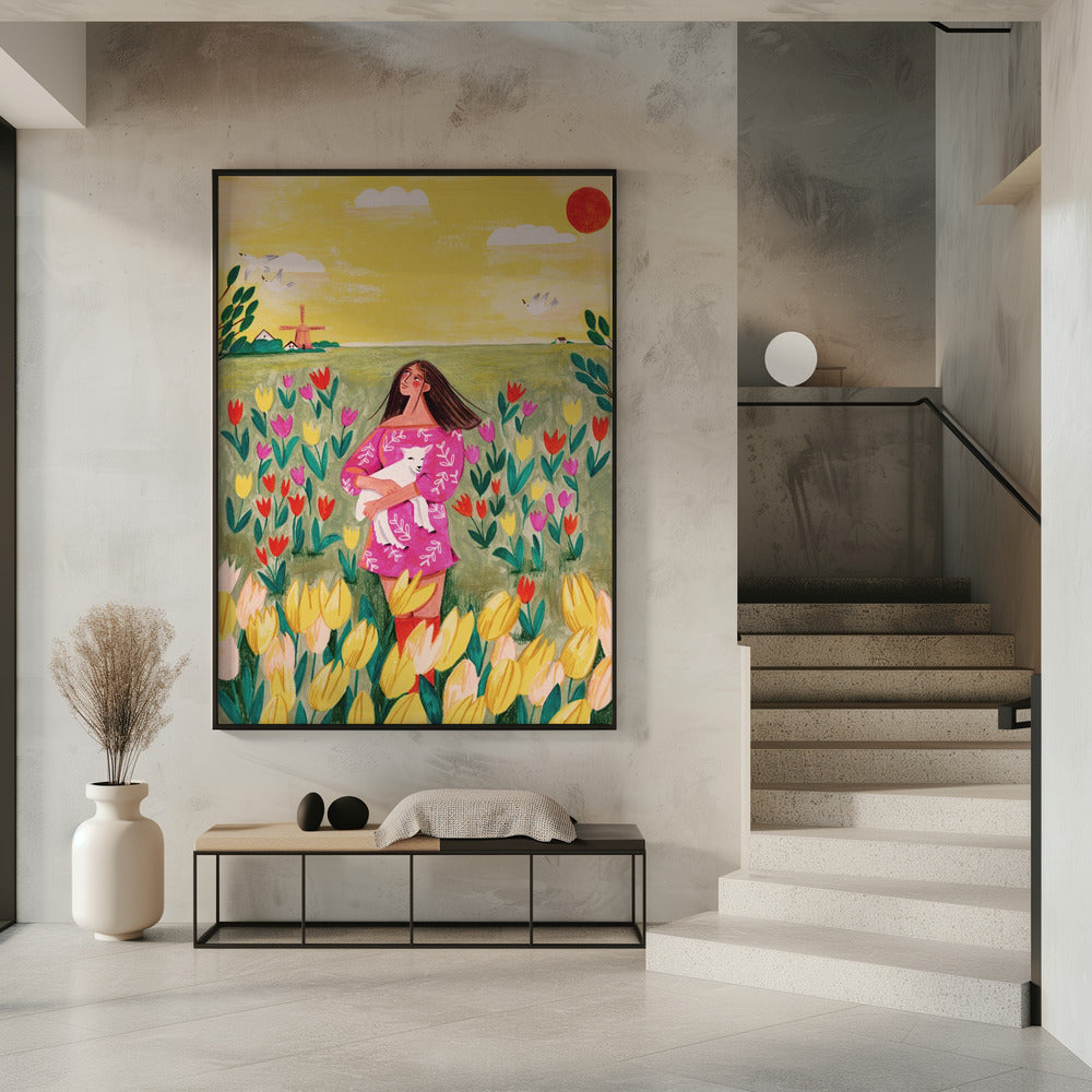 Woman in spring tulip field Poster