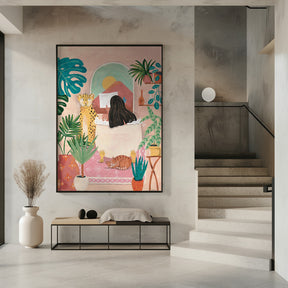 Woman taking bath in pink tropical bathroom Poster