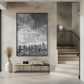 NYC Brooklyn Bridge &amp; Lower Manhattan | Text &amp; Skyline Poster