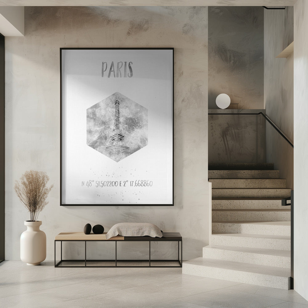 Coordinates PARIS Eiffel Tower | monochrome watercolor Poster