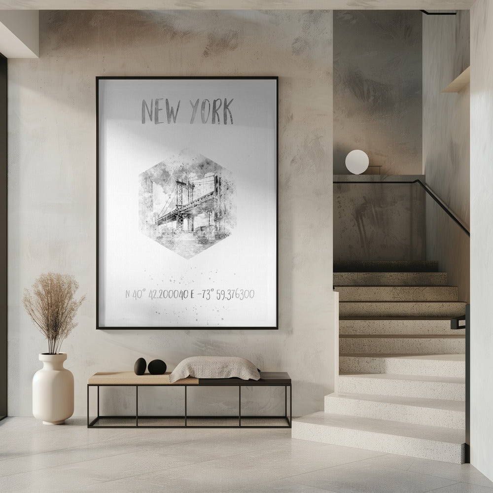 Coordinates NYC Manhattan Bridge | monochrome watercolor Poster