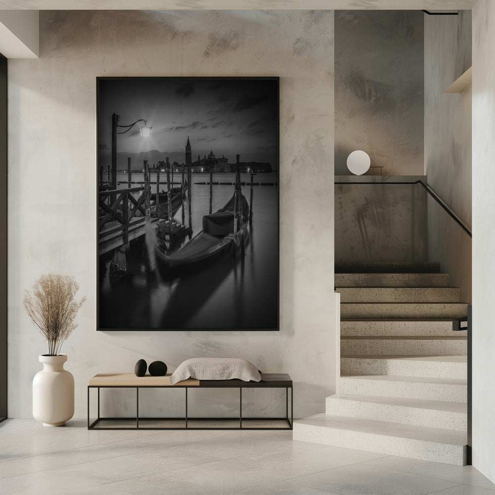 VENICE Gondolas during sunrise in black and white Poster